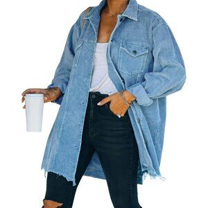 Womens Blue Oversized Corduroy Shirt Jacket Casual Button Down Retro